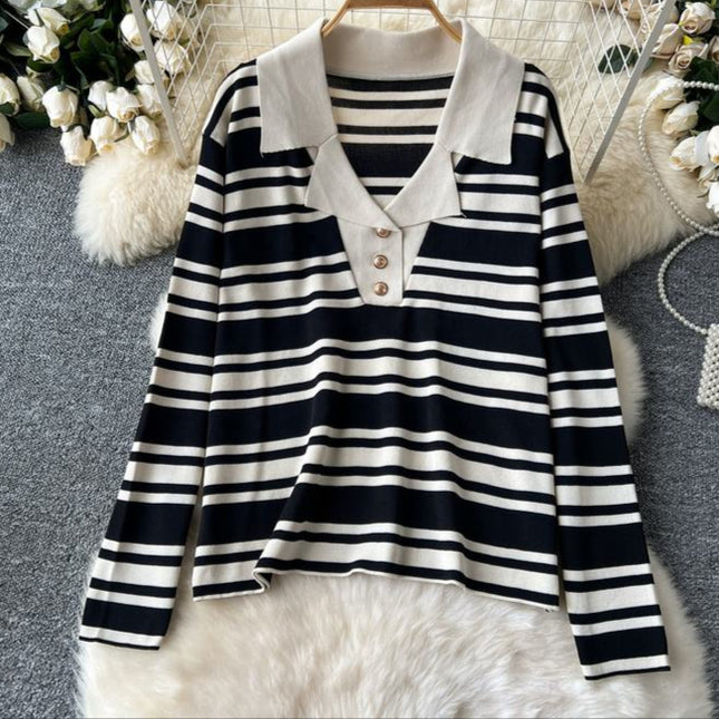 Autumn Winter New Korean Hit Color Striped Knit Sweater Top Two-Piece Trouser Set