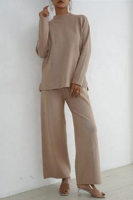 Lazy Style Pullover With Split Long Sleeves Knitted Autumn and Winter Sweater Two-piece Set High Waisted Casual Wide Leg Pants