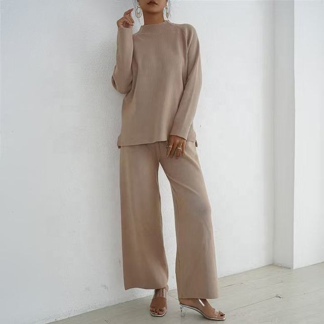 Lazy Style Pullover With Split Long Sleeves Knitted Autumn and Winter Sweater Two-piece Set High Waisted Casual Wide Leg Pants