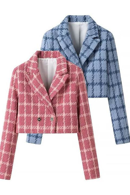 2 Colorway Double Breasted Long Sleeve Notched Collar Plaid Print Casual Fashion Crop blazer for Women