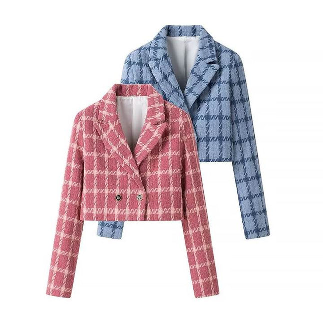 2 Colorway Double Breasted Long Sleeve Notched Collar Plaid Print Casual Fashion Crop blazer for Women