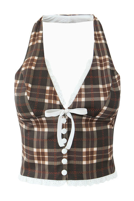 Plaid print brown color front lace up sleeveless casual fashion women's halter tank top
