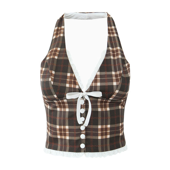 Plaid print brown color front lace up sleeveless casual fashion women's halter tank top