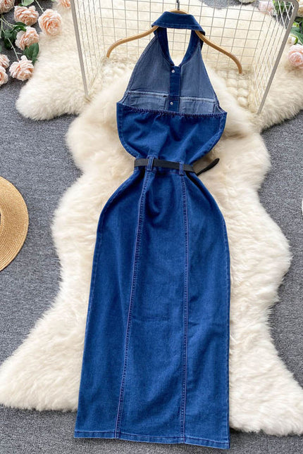 Vestido de denim feminino, sensual vestido casual elegante, de alça única, para mulheres, lace up, controlado na cintura, moda de emagrecimento