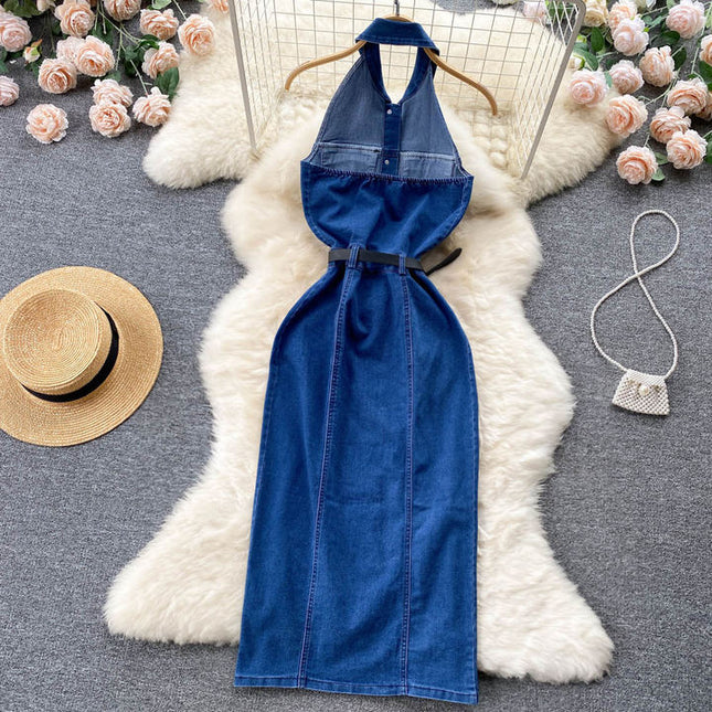 Vestido de denim feminino, sensual vestido casual elegante, de alça única, para mulheres, lace up, controlado na cintura, moda de emagrecimento