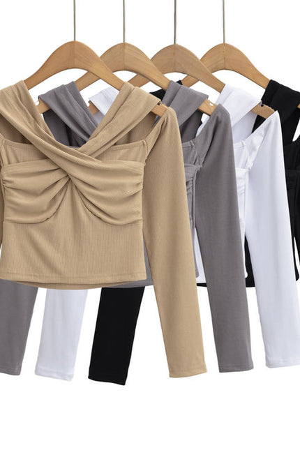 4 Colorway Solid Color Long Sleeve Hollow Out Casual Fashion Women Knit Crop t Shirt