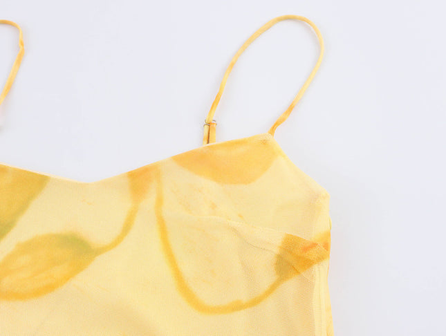 Spaghetti Strap Yellow Color Floral Print Casual Fashion Long slip Dress for Women