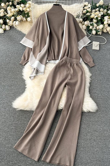 Autumn and Winter Loose and Lazy Style Cape Coat High Neck Pullover Knitted Sweater Casual Wide Leg Pants Three Piece Set