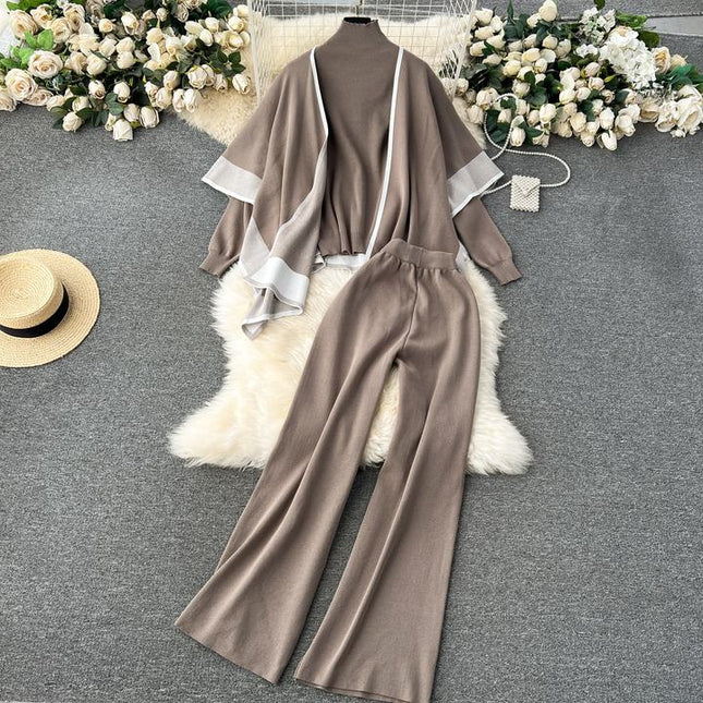 Autumn and Winter Loose and Lazy Style Cape Coat High Neck Pullover Knitted Sweater Casual Wide Leg Pants Three Piece Set