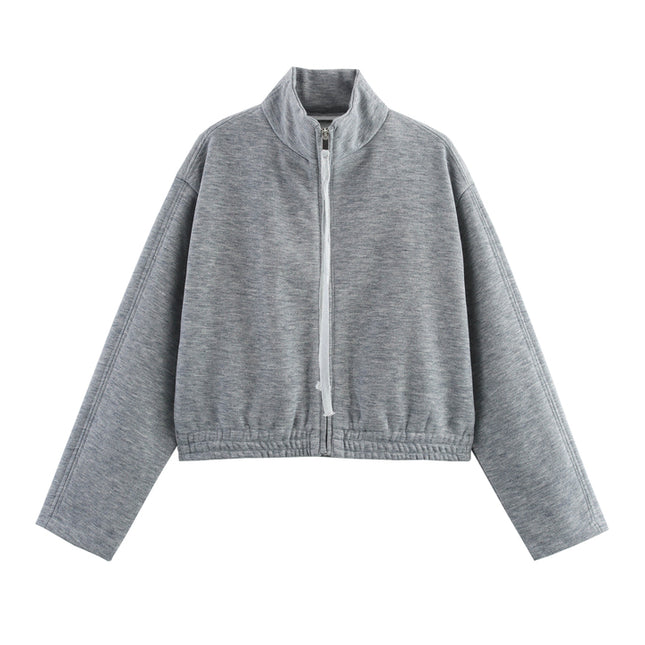 Turtleneck Collar Zipper Fly Long Sleeve Gray Color Casual Fashion Jacket for Women