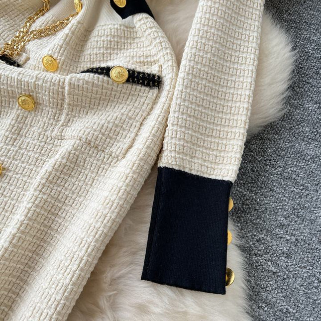 Autumn Winter Knitted Dress Waist Temperament Contrast Color Patchwork Sweater Dress