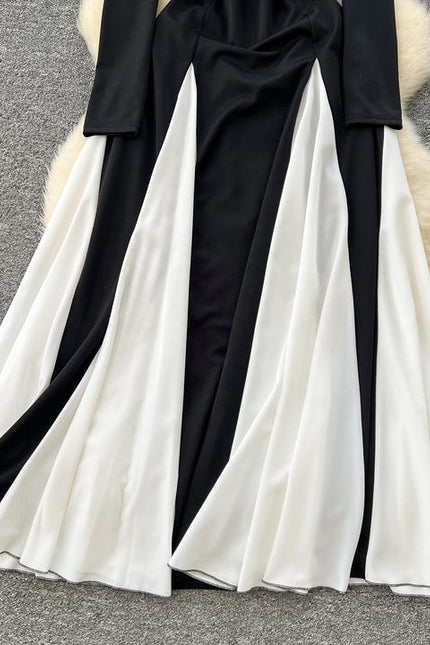 Elegant Women's Dresses New Black and White Color Clash Long Sleeve Patchwork Ruffle Long Dresses