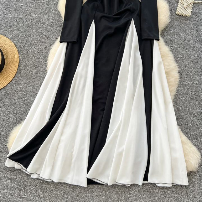 Elegant Women's Dresses New Black and White Color Clash Long Sleeve Patchwork Ruffle Long Dresses