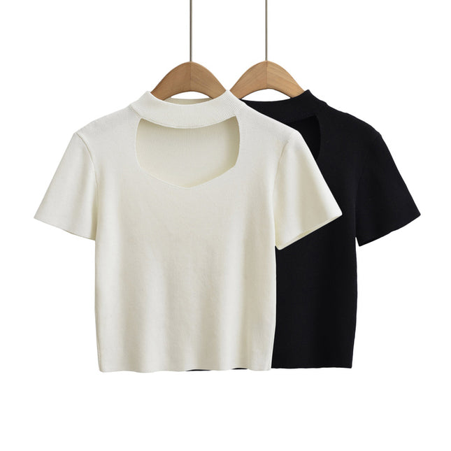 2 Colorway Front Hollow Out Solid Color Short Sleeve Crew Neck Casual Fashion Women Plain t Shirt