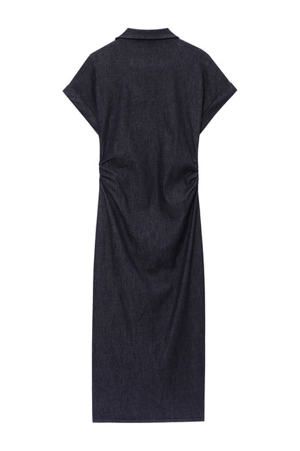 Turn Down Collar Buttons up Short Sleeve Denim Blue Color Casual Fashion Jeans Shirt Dress for Women