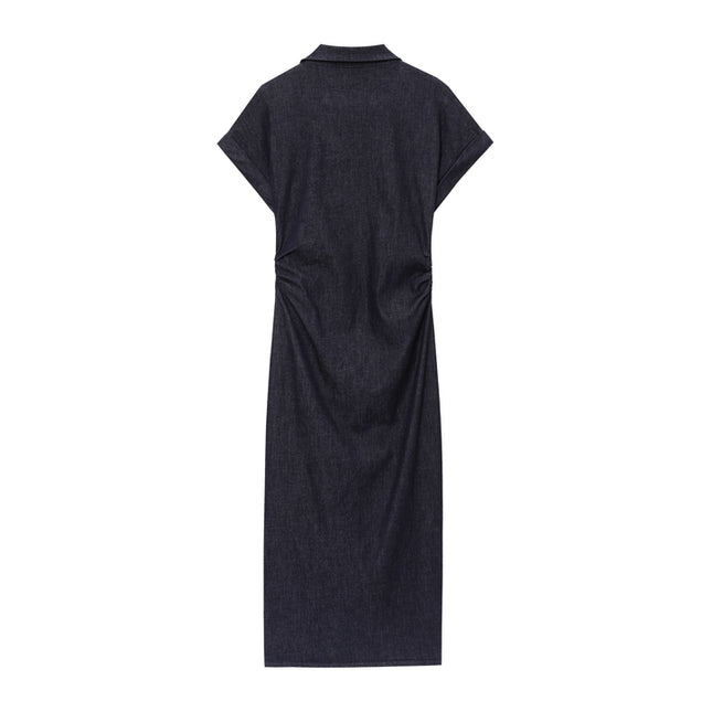 Turn Down Collar Buttons up Short Sleeve Denim Blue Color Casual Fashion Jeans Shirt Dress for Women