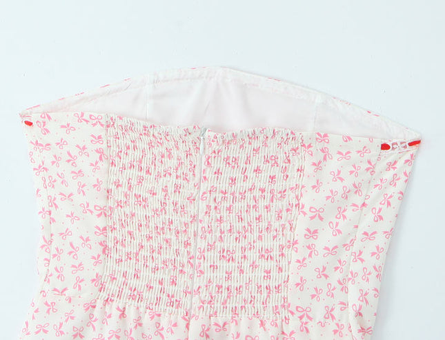 Floral Print pink Color Front Lace up Strapless Casual Fashion Summer Mini Dress for Women