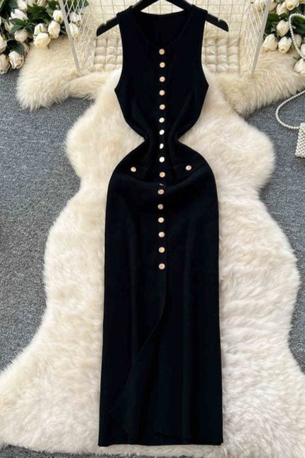 Sexy Long Knitted Dresses Summer Clothing Mulheres Apertado Casual Elegante Sem Mangas Botão Knit Maxi Dress