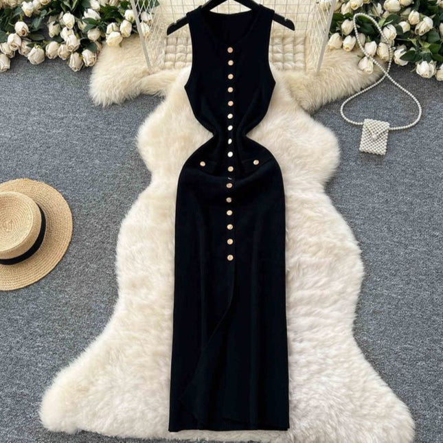 Sexy Long Knitted Dresses Summer Clothing Mulheres Apertado Casual Elegante Sem Mangas Botão Knit Maxi Dress