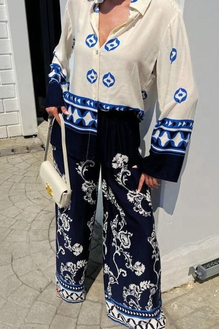 Women's 2024 New Fashion Positioning Print Loose Long Sleeved Top Wide Leg Pants Two Piece Set