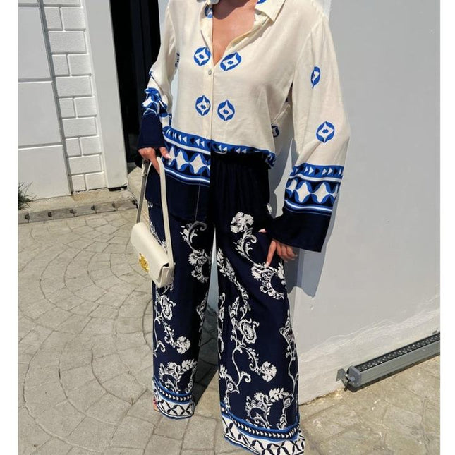 Women's 2024 New Fashion Positioning Print Loose Long Sleeved Top Wide Leg Pants Two Piece Set