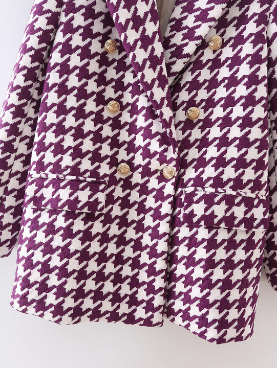 Purple Color Swallow Grid Design Double Breasted Notched Collar Long Sleeve Sexy Elegant Women Fashion Casual blazer