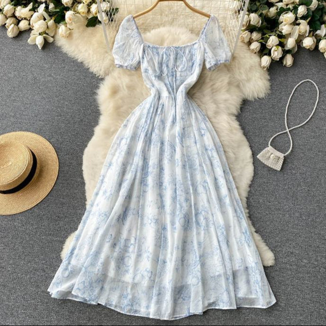 French Summer New Square Neck Waisted Short Sleeve Casual Floral Dresses