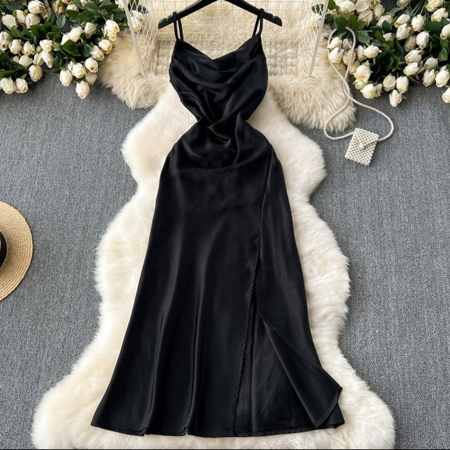 Summer Women Halter Sleeveless Split Sexy Elegant Satin Long Gowns Dresses