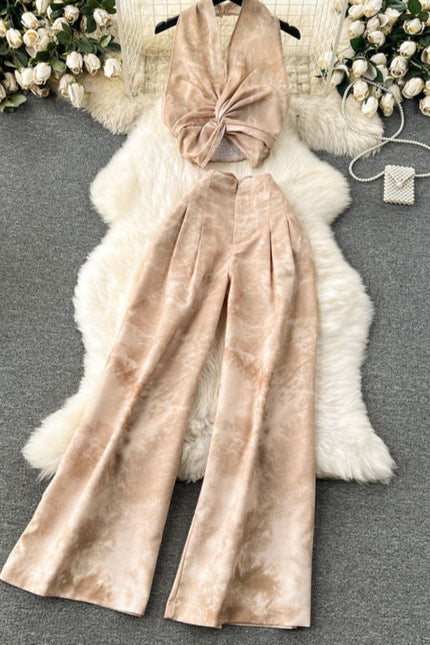 New Chinese style set for women sleeveless hanging neck top+high waisted casual wide leg pants two-piece set