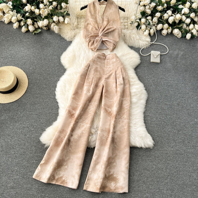 New Chinese style set for women sleeveless hanging neck top+high waisted casual wide leg pants two-piece set