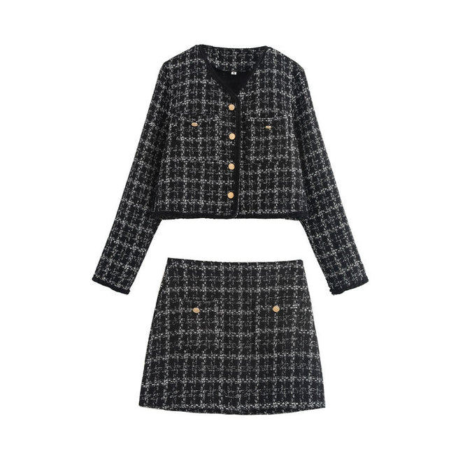 V Neck Plaid Pattern Long Sleeve Single Breasted Black Color Jacket Mini Skirt Casual Fashion Women 2 Piece Set