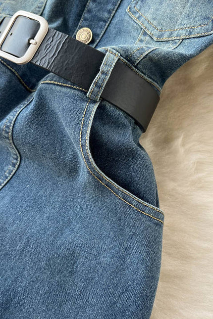 Style Temperament Slimming One Line Shoulder Chest Vintage Denim Large Swing A-Line Long Dress