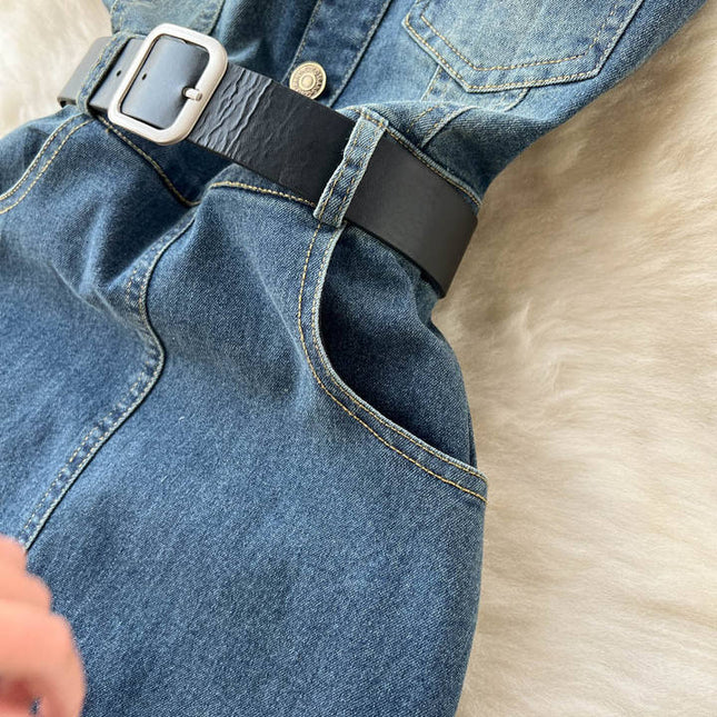 Style Temperament Slimming One Line Shoulder Chest Vintage Denim Large Swing A-Line Long Dress