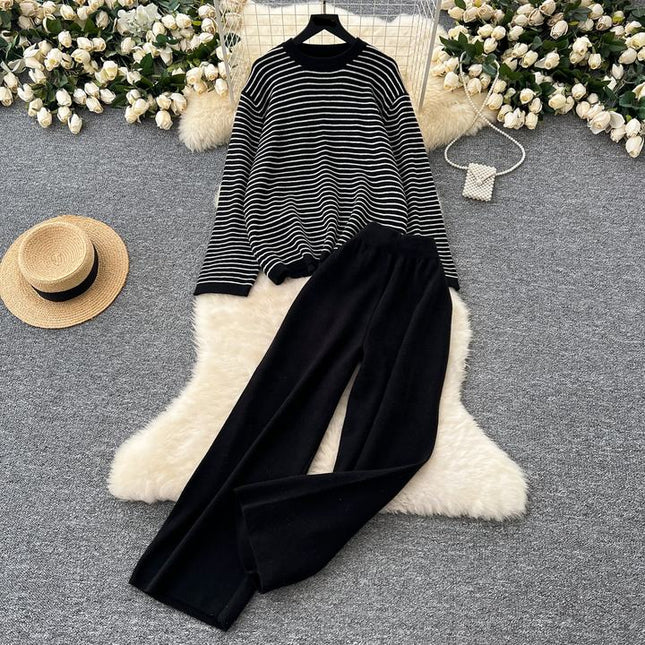 Women Knitwear 2 Piece Set T-shirt + Long Pants Suits Sports Outwear Striped Loose Lady Knitting Sweater Suits