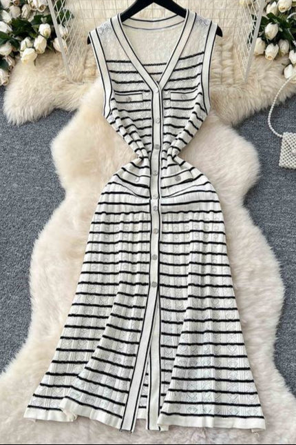 2025 Summer Striped Midi Dress Women Sleeveless Empire Dress