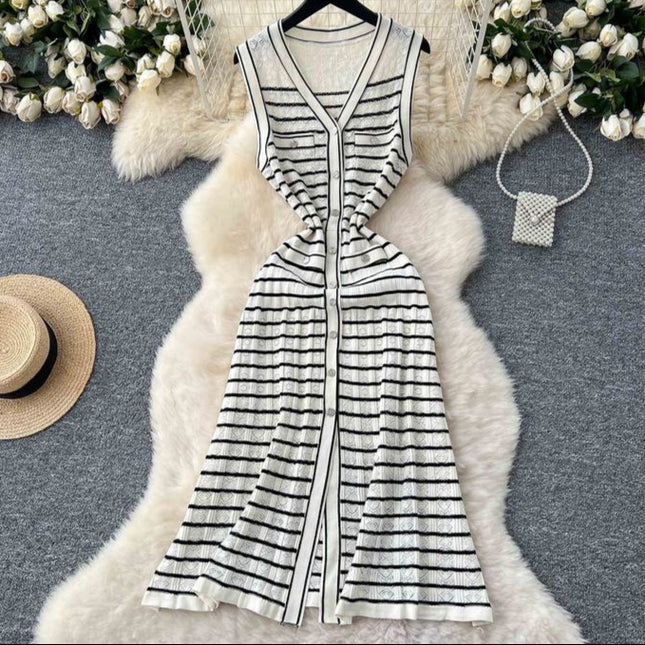 2025 Summer Striped Midi Dress Women Sleeveless Empire Dress