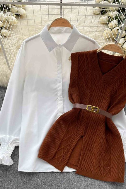 2025 Autumn Fashion ChicWaist Closing Knitting Vests Lapel White Casual Long Sleeve Shirts Female