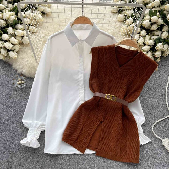 2025 Autumn Fashion ChicWaist Closing Knitting Vests Lapel White Casual Long Sleeve Shirts Female