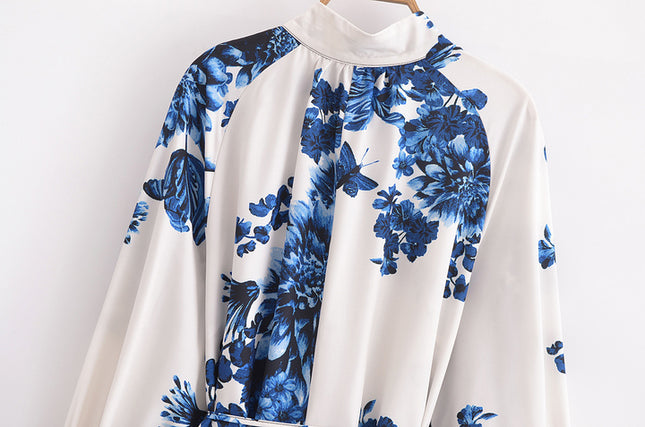Turn Down Collar Floral Print Beige Blue Color Sashes Casual Fashion Mini Dress for Women