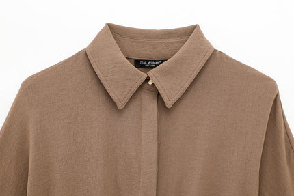Turn Down Collar Khaki Color Long Sleeve Buttons up Casual Fashion Tops Blouse for Women