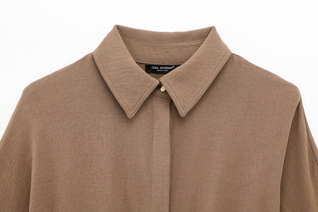 Turn Down Collar Khaki Color Long Sleeve Buttons up Casual Fashion Tops Blouse for Women