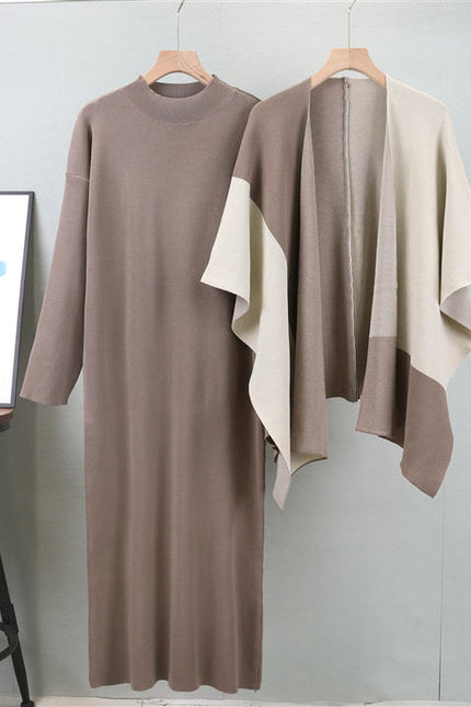 Knit Set Autumn and Winter Clashing Shawl High Collar Knit Dress Two Pieces
