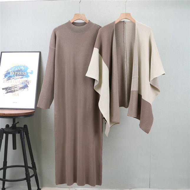 Knit Set Autumn and Winter Clashing Shawl High Collar Knit Dress Two Pieces