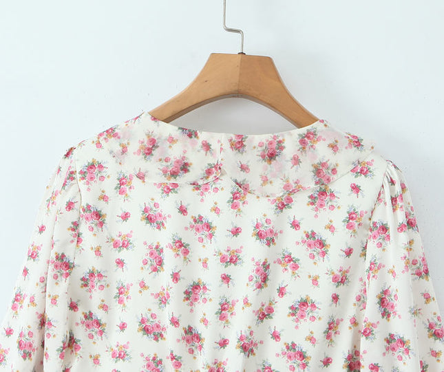 V Neck Floral Print Multi Color Long Sleeve Casual Fashion Mini Dress for Women
