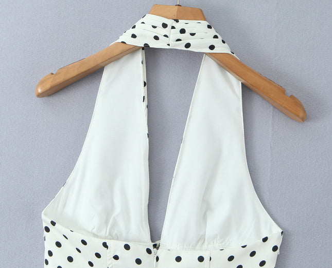 Back Hollow Out White Black Color Polka Dot Print Hot Sale Casual Fashion Summer Mini Halter Dress for Women