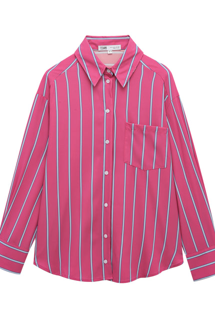 Striped Print pink Color Long Sleeve Turn Down Collar Buttons up Casual Fashion Tops Blouse for Women