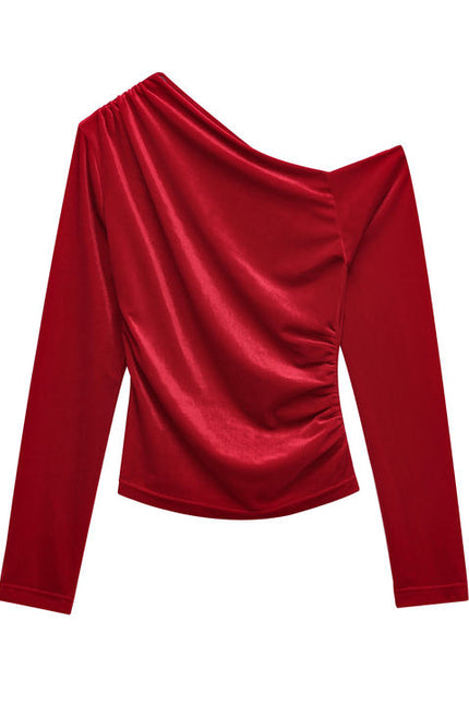 2 Colorway Asymmetrical Design Solid Color Long Sleeve Pleated Hot Sale Casual Fashion t Shirt for Women