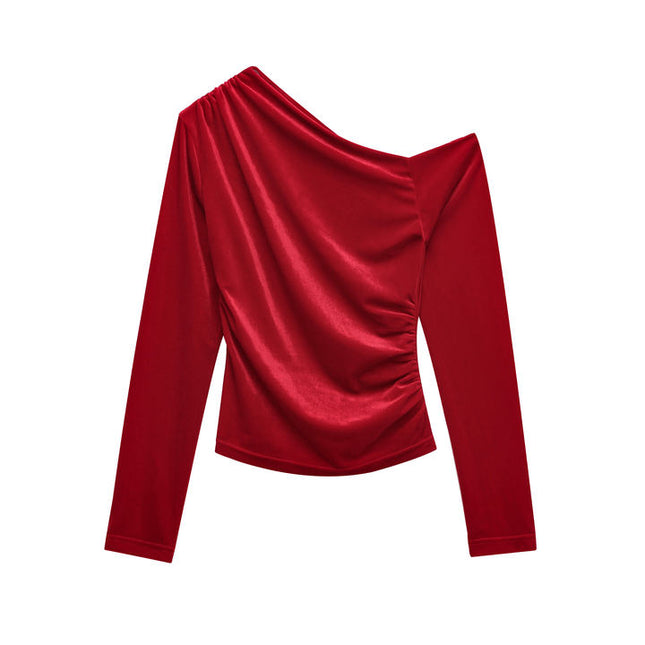 2 Colorway Asymmetrical Design Solid Color Long Sleeve Pleated Hot Sale Casual Fashion t Shirt for Women