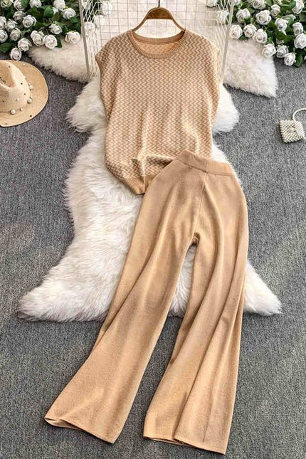 Two-piece Set Vintage Wavy Patterned Knitted Sleeveless Top and Stylish High-waisted Wide-leg Long Trousers
