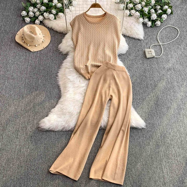 Two-piece Set Vintage Wavy Patterned Knitted Sleeveless Top and Stylish High-waisted Wide-leg Long Trousers